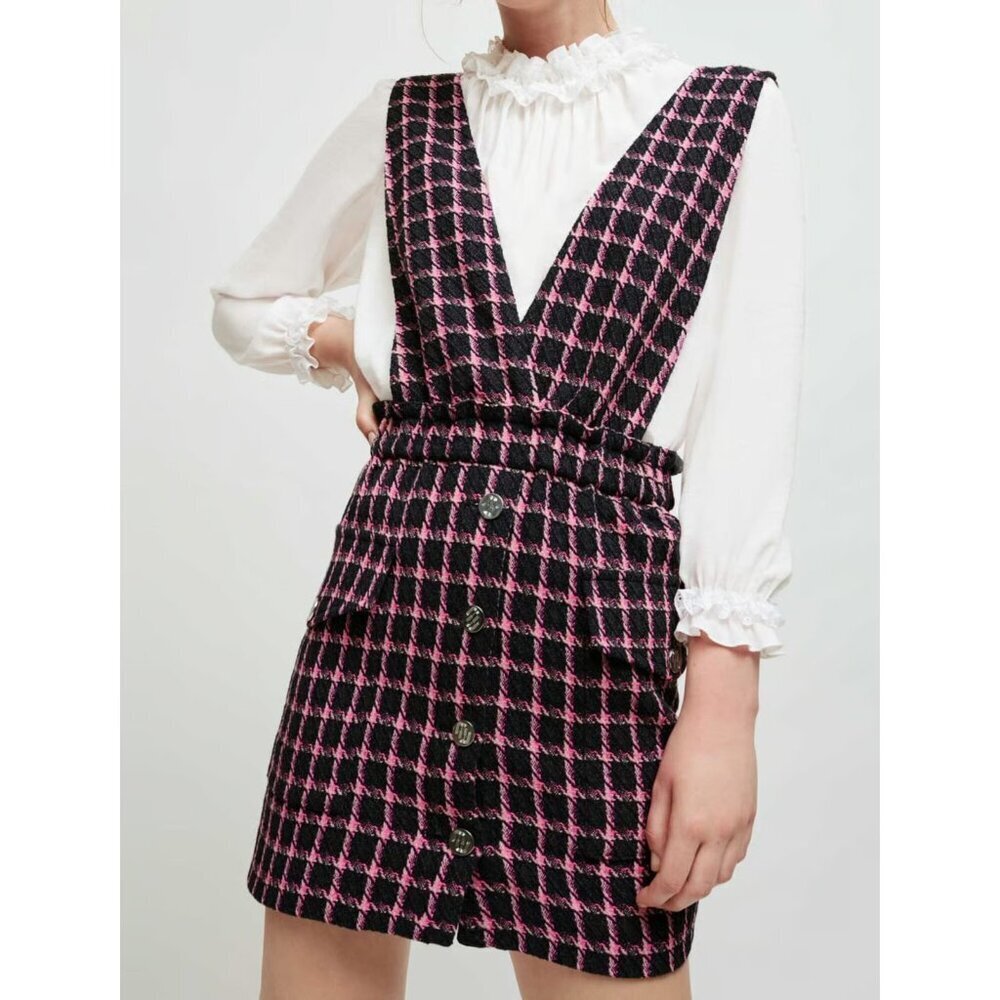 MAJE Ritrite Black/Pink Plaid Pinafore Dress Sleeveless Tartan 32/XS